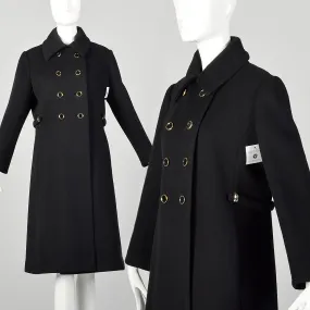 Small 1960s Mod Winter Coat Black Wool Double Breasted Overcoat