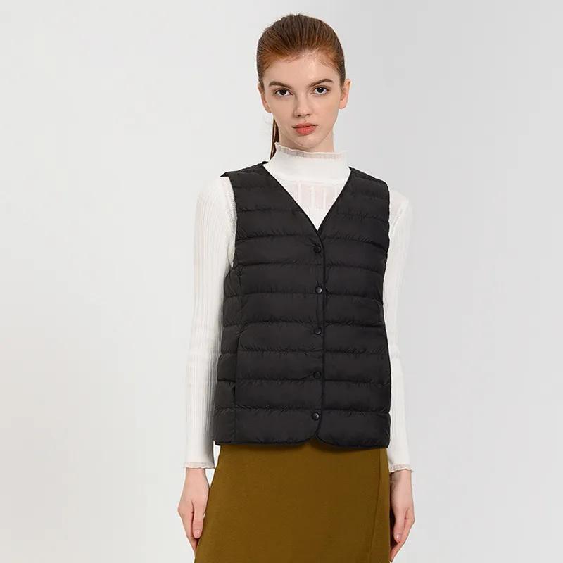 Solid Color Button Front V Neck Down Jacket Vest