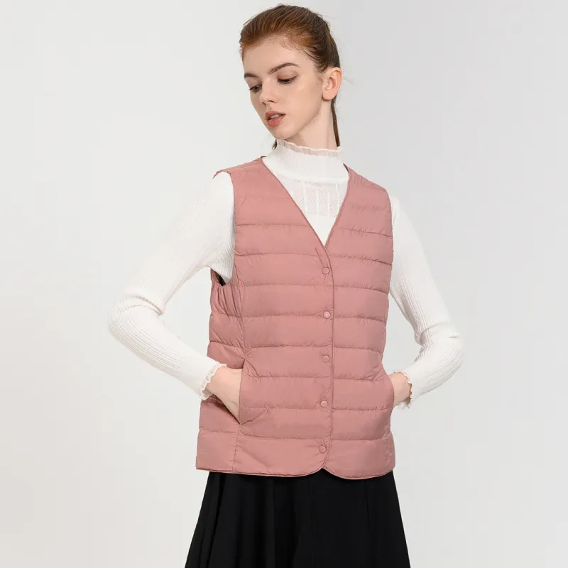 Solid Color Button Front V Neck Down Jacket Vest