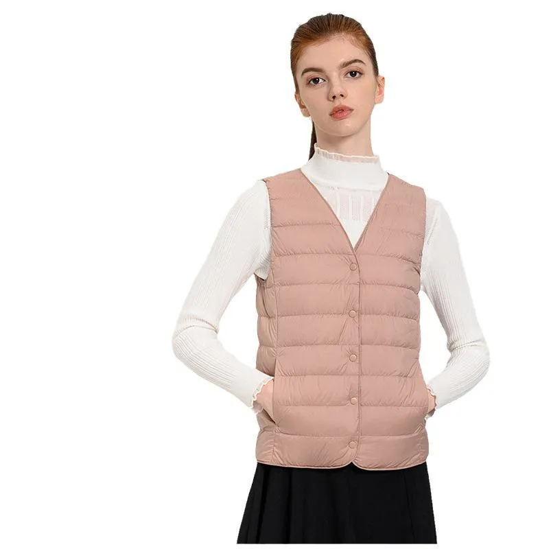 Solid Color Button Front V Neck Down Jacket Vest