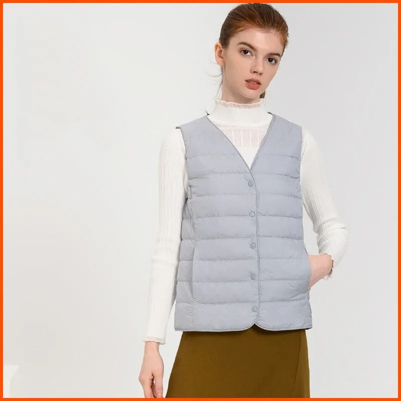 Solid Color Button Front V Neck Down Jacket Vest