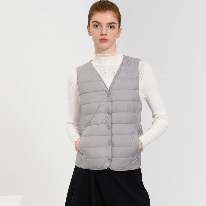 Solid Color Button Front V Neck Down Jacket Vest