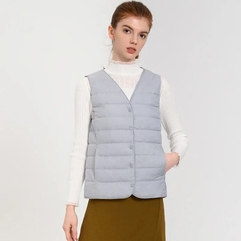 Solid Color Button Front V Neck Down Jacket Vest