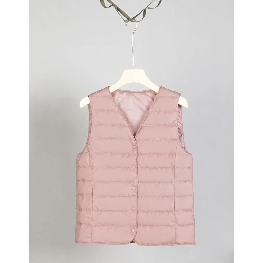 Solid Color Button Front V Neck Down Jacket Vest