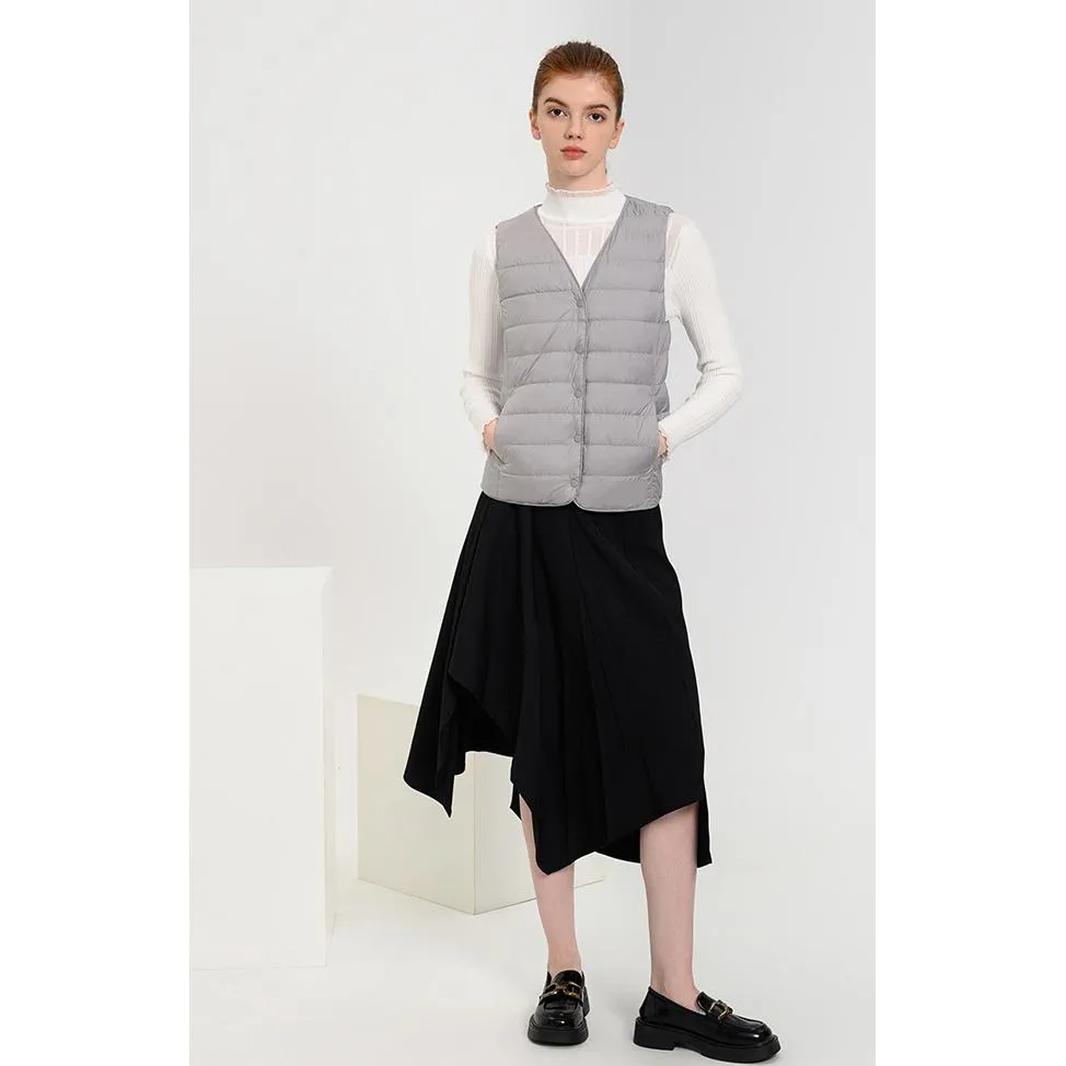 Solid Color Button Front V Neck Down Jacket Vest