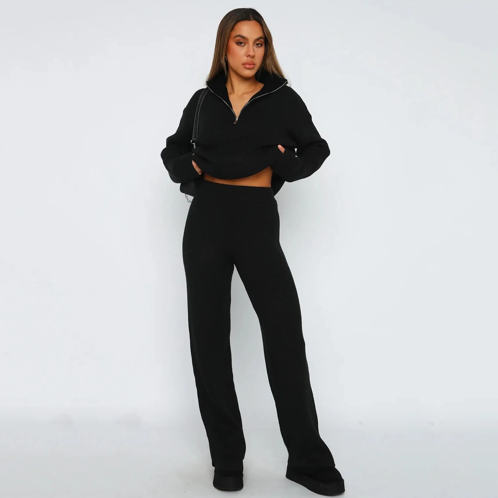 Solid Color Quarter Zip Knit Sweatsuit (3 colors)