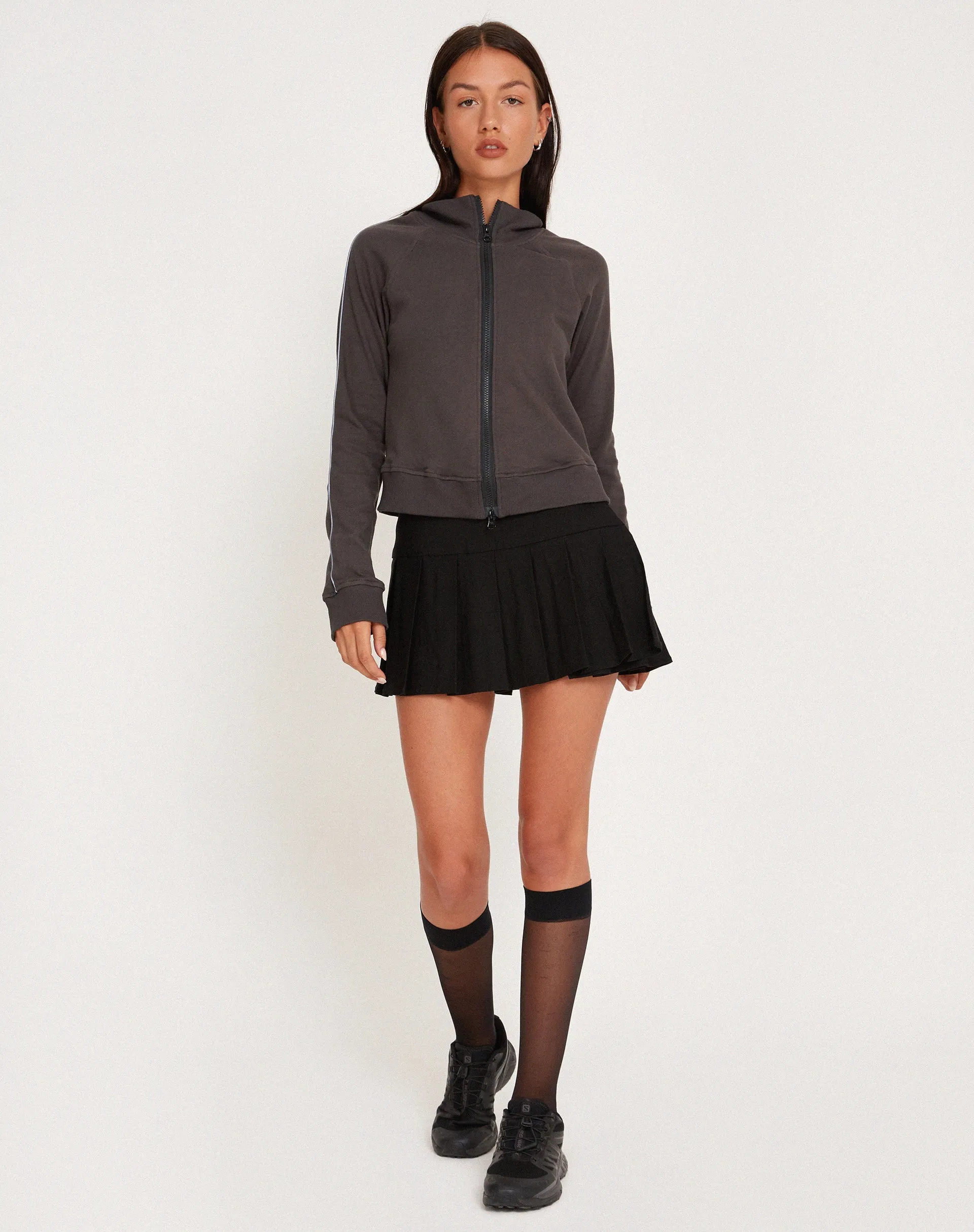 Sookie Zip Up High Neck Sweater in Beluga Grey Piping