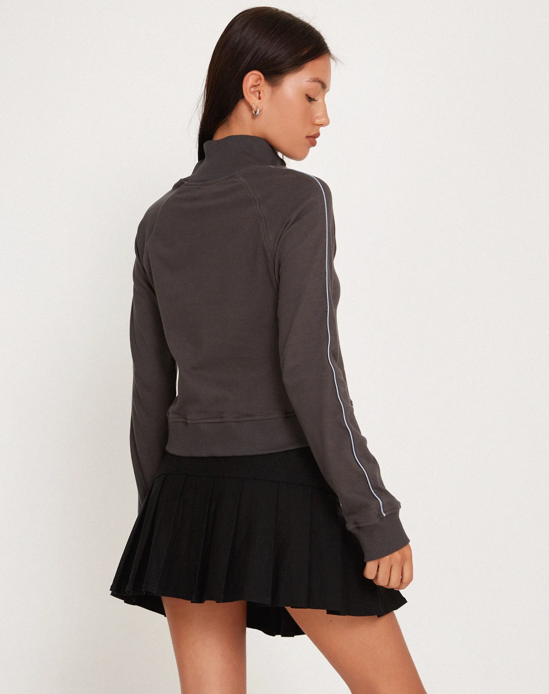 Sookie Zip Up High Neck Sweater in Beluga Grey Piping