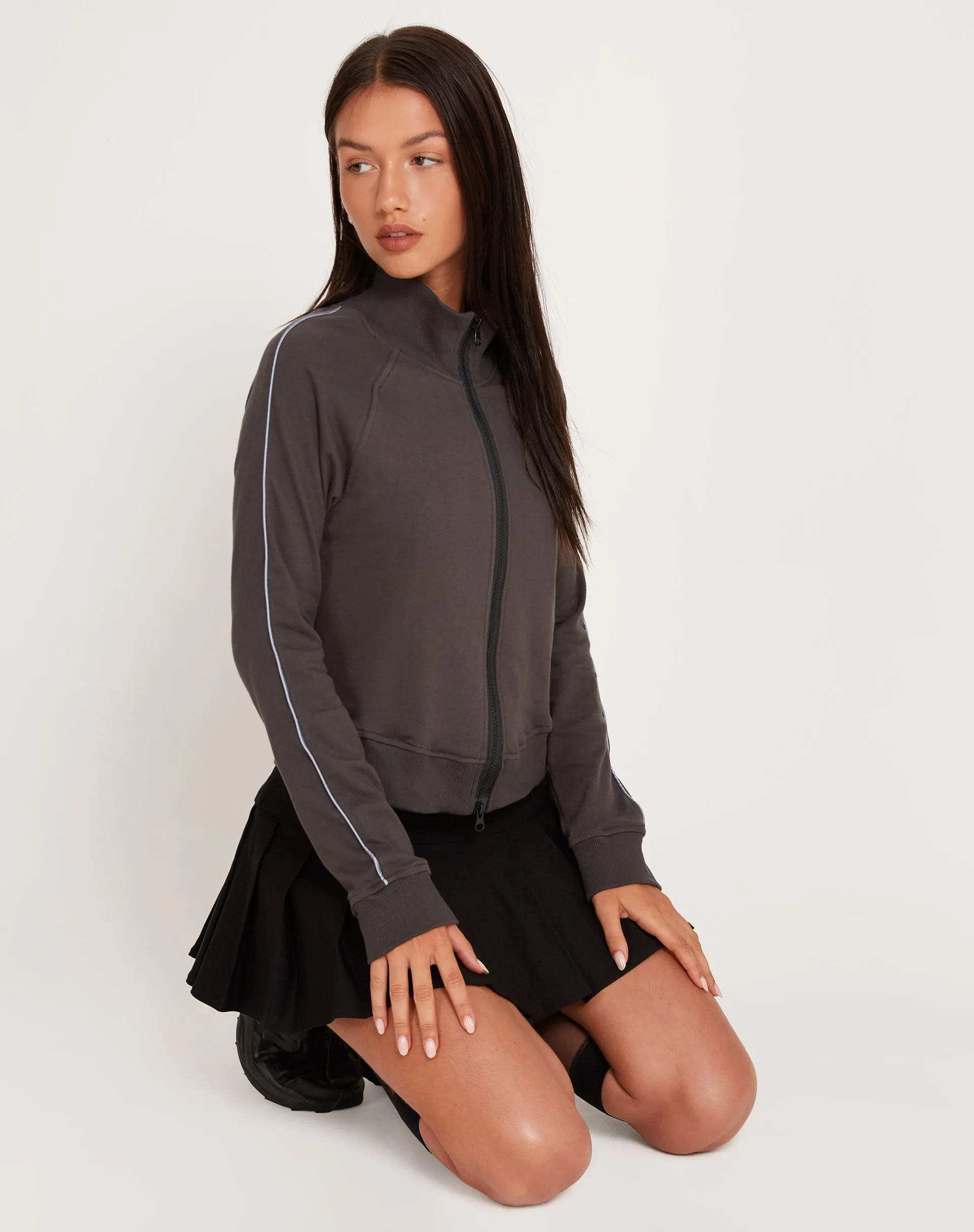 Sookie Zip Up High Neck Sweater in Beluga Grey Piping