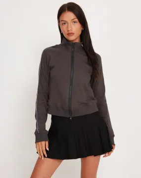 Sookie Zip Up High Neck Sweater in Beluga Grey Piping