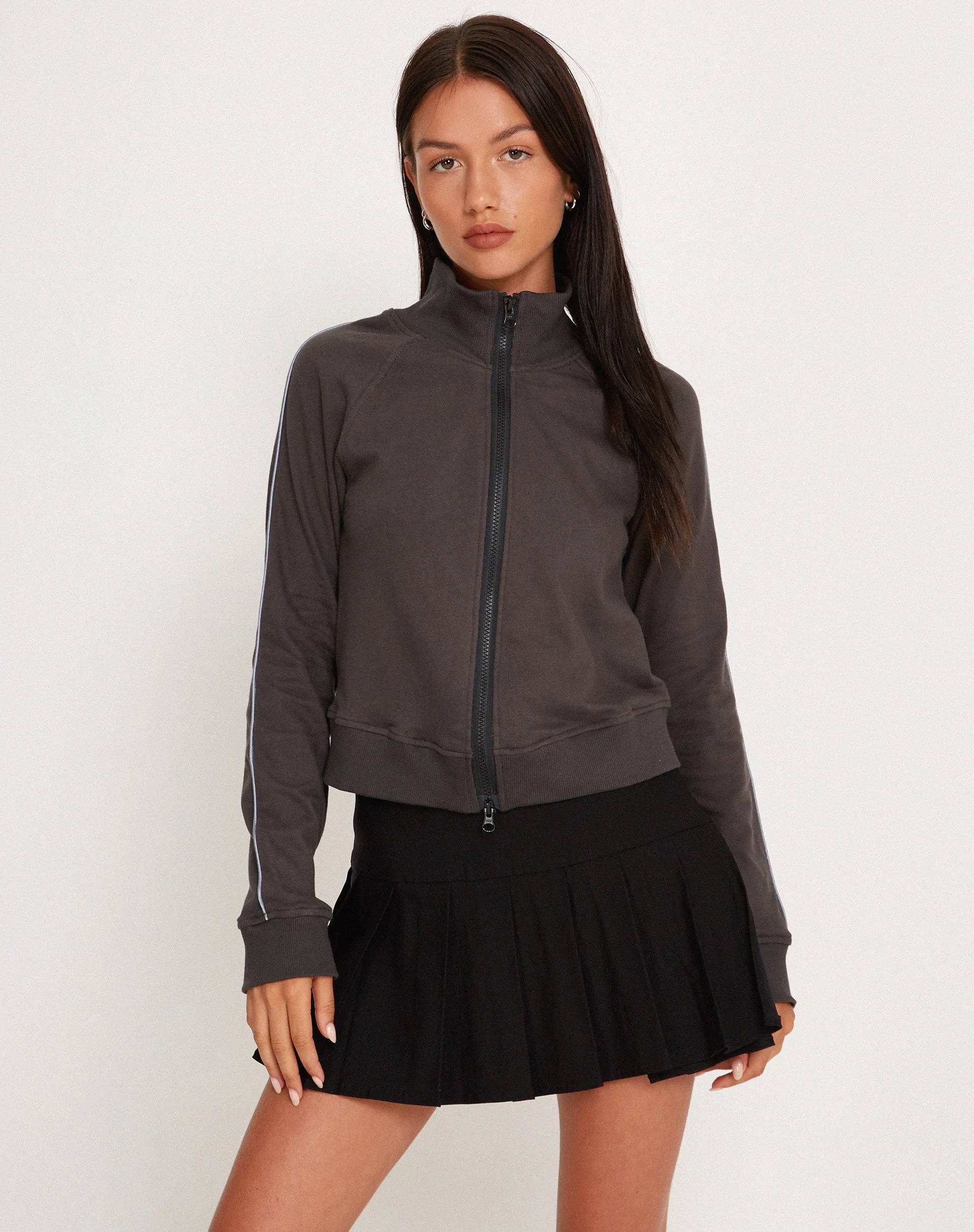 Sookie Zip Up High Neck Sweater in Beluga Grey Piping