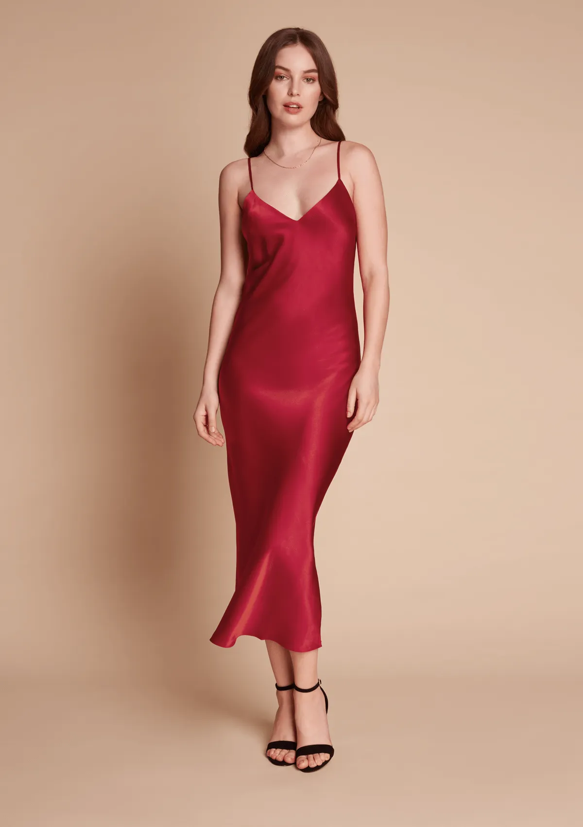 Sophia Midi Silk Slip Dress in Ruby Red