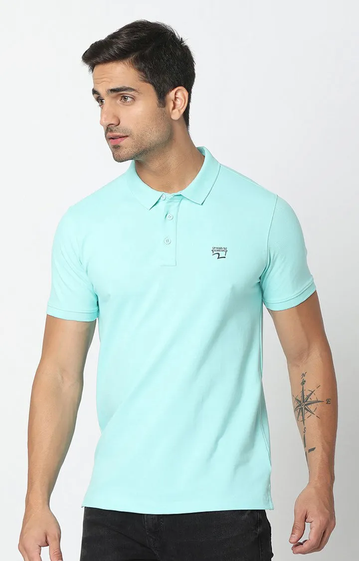 Spykar Aqua Blue Cotton Half Sleeve Plain Polo T-Shirt For Men