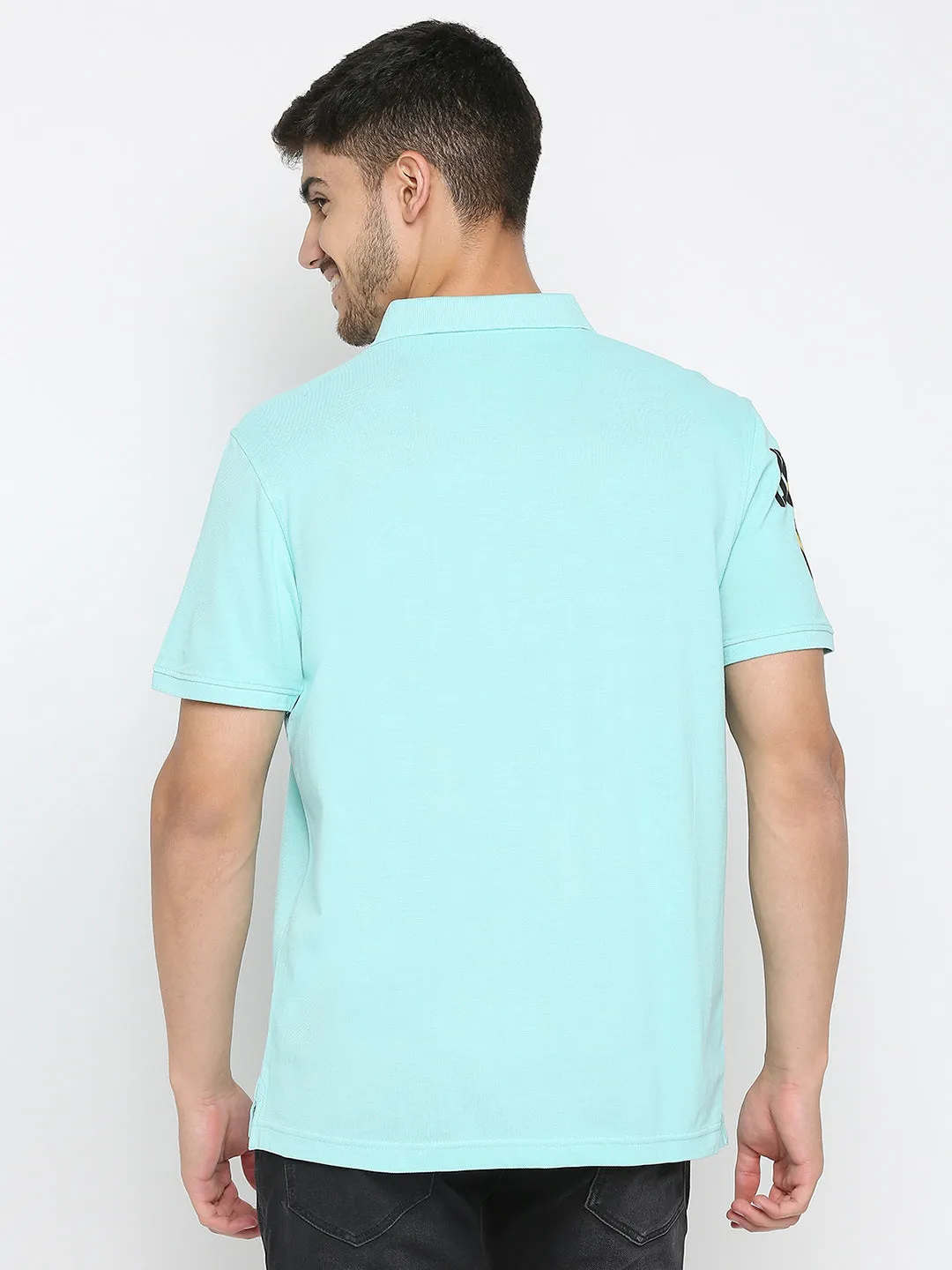 Spykar Bleached Aqua Cotton Half Sleeve Plain Polo T-Shirt For Men