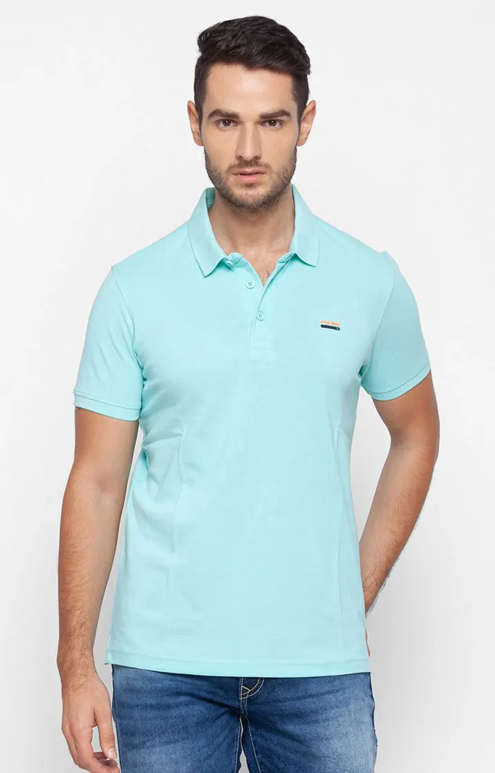 Spykar Men Aqua Blue Cotton Slim Fit Plain Polo Collar Tshirt