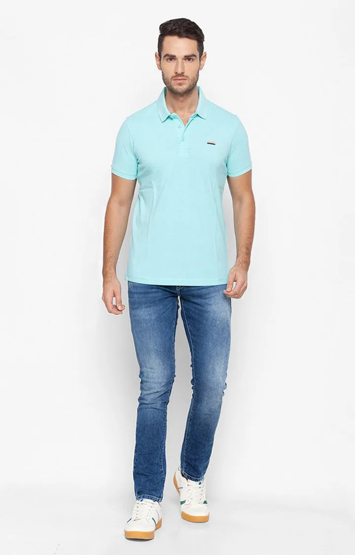 Spykar Men Aqua Blue Cotton Slim Fit Plain Polo Collar Tshirt