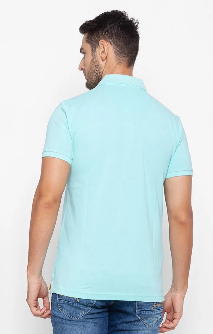 Spykar Men Aqua Blue Cotton Slim Fit Plain Polo Collar Tshirt