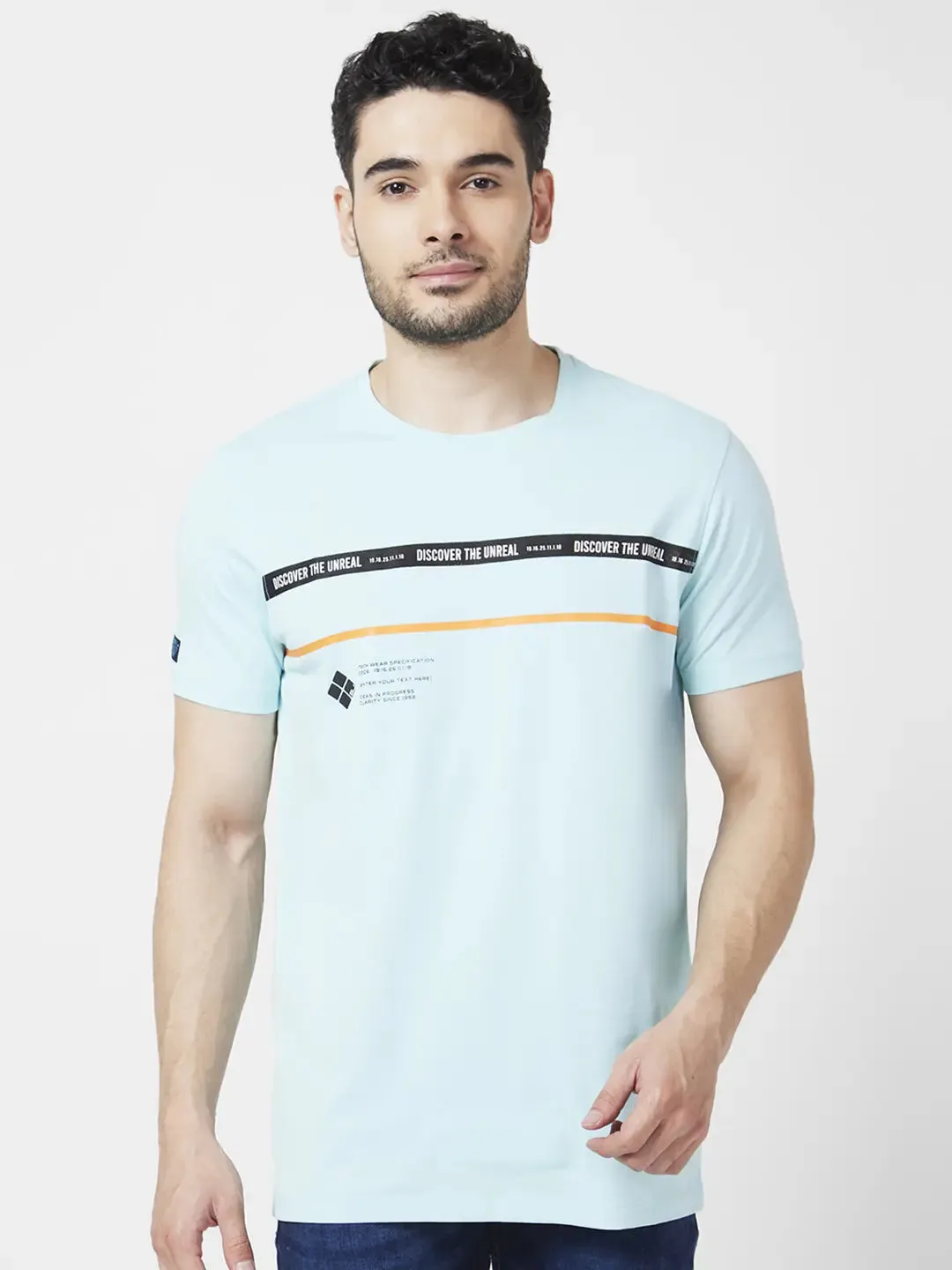 Spykar Men Bleached Aqua Blended Slim Fit Half Sleeve Round Neck Printed Tshirt