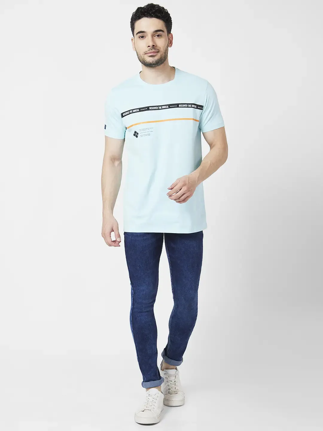 Spykar Men Bleached Aqua Blended Slim Fit Half Sleeve Round Neck Printed Tshirt