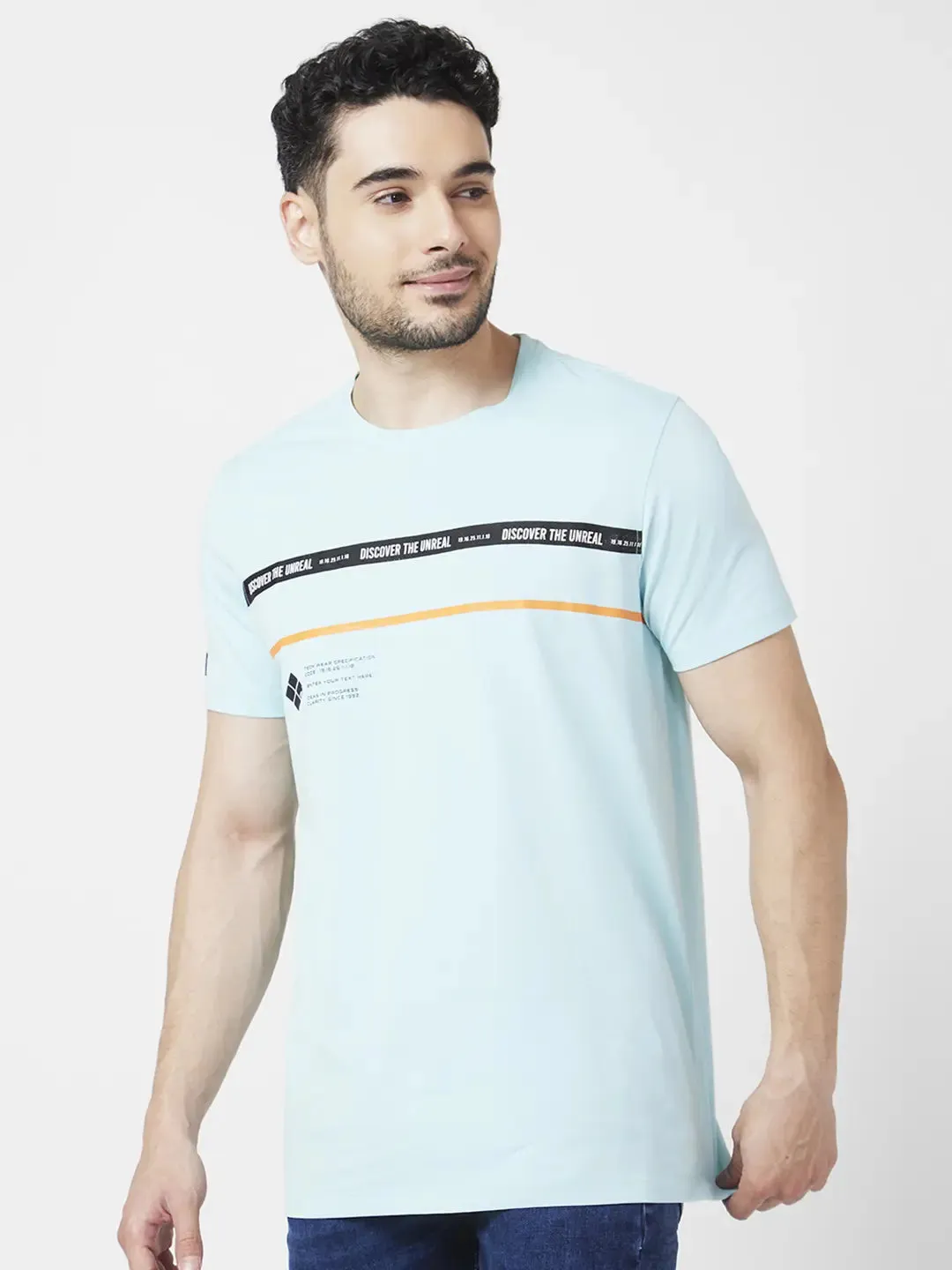 Spykar Men Bleached Aqua Blended Slim Fit Half Sleeve Round Neck Printed Tshirt