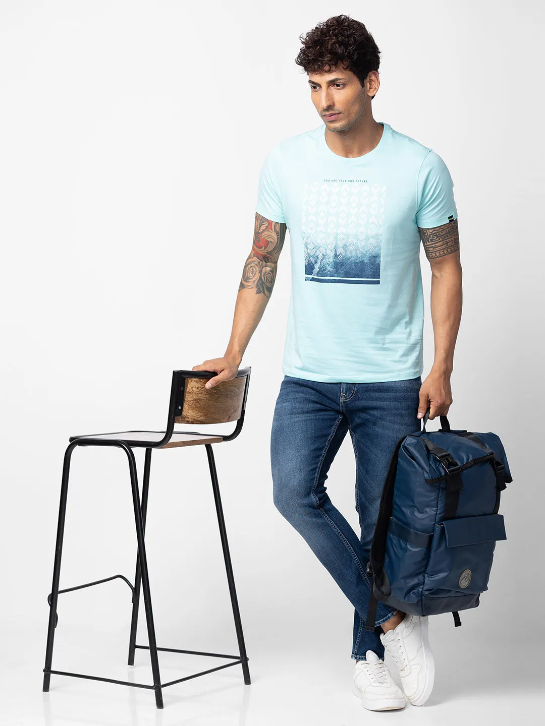 Spykar Men Bleached Aqua Cotton Regular Fit Half Sleeve Printed T-Shirt