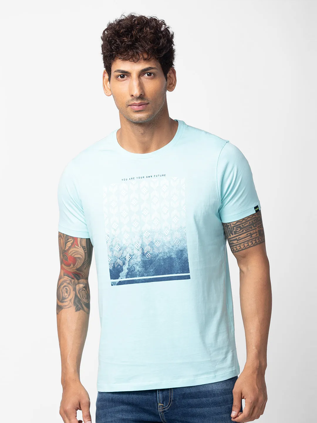 Spykar Men Bleached Aqua Cotton Regular Fit Half Sleeve Printed T-Shirt