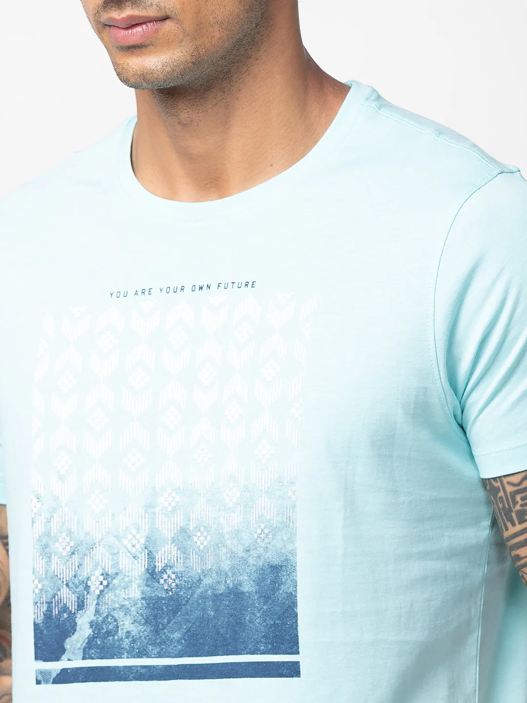 Spykar Men Bleached Aqua Cotton Regular Fit Half Sleeve Printed T-Shirt