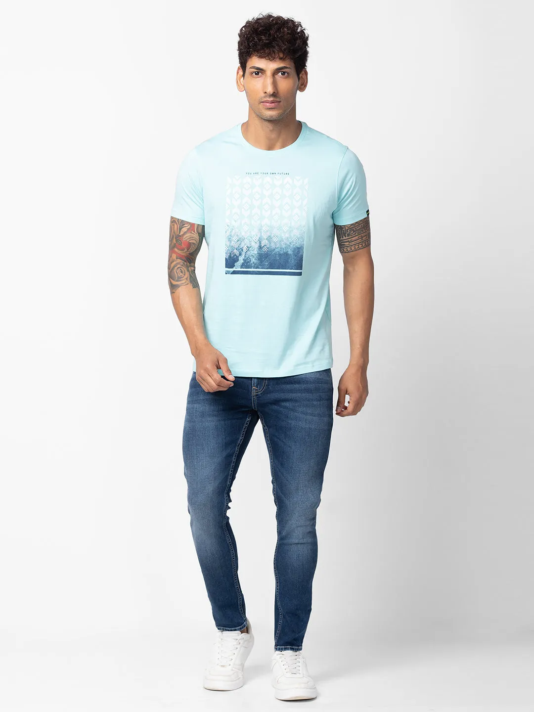 Spykar Men Bleached Aqua Cotton Regular Fit Half Sleeve Printed T-Shirt