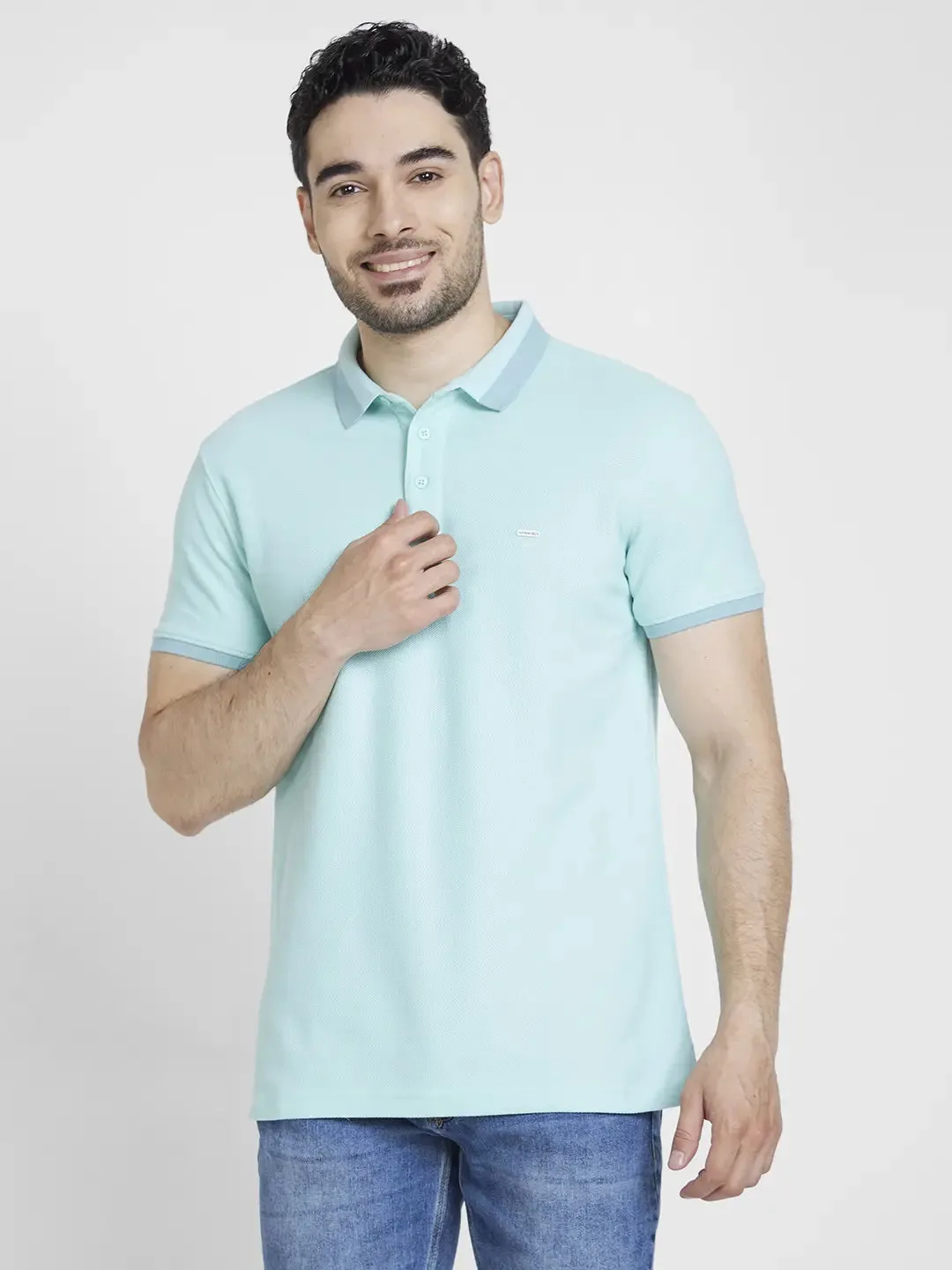 Spykar Men Bleached Aqua Cotton Slim Fit Plain Polo Tshirt