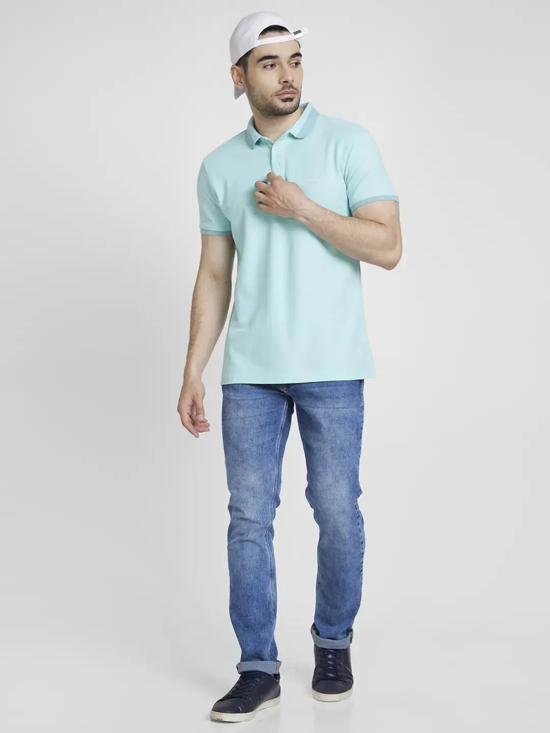 Spykar Men Bleached Aqua Cotton Slim Fit Plain Polo Tshirt