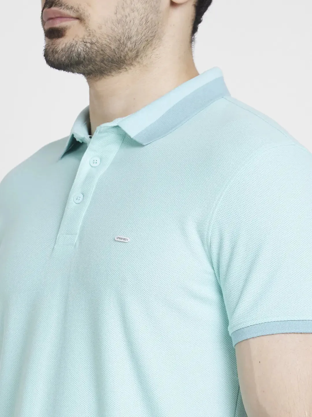 Spykar Men Bleached Aqua Cotton Slim Fit Plain Polo Tshirt