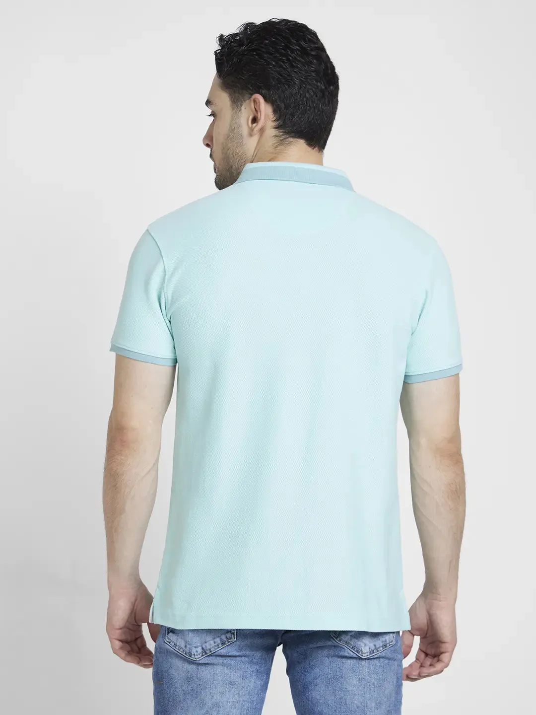 Spykar Men Bleached Aqua Cotton Slim Fit Plain Polo Tshirt