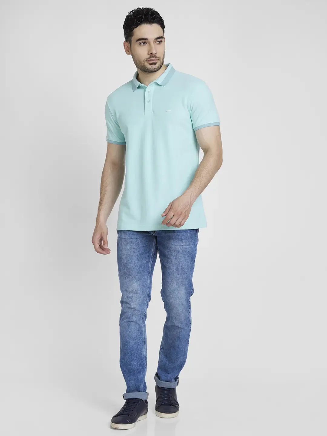 Spykar Men Bleached Aqua Cotton Slim Fit Plain Polo Tshirt