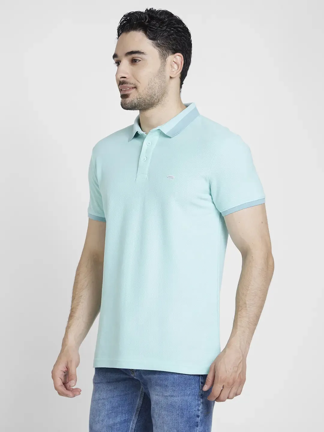 Spykar Men Bleached Aqua Cotton Slim Fit Plain Polo Tshirt