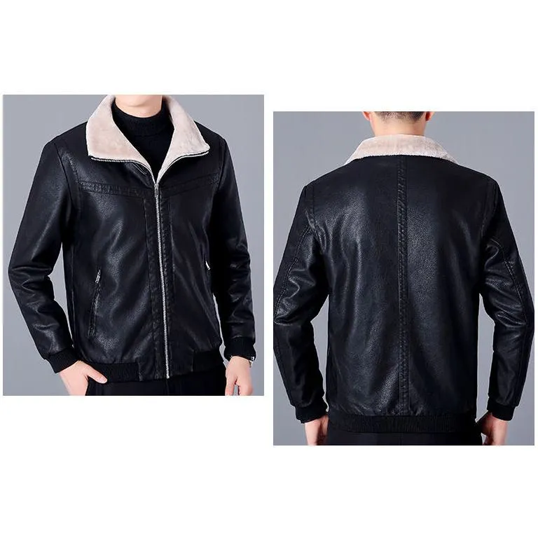 Thick Stand-Up Collar Fleece-Lined Leather Jacket