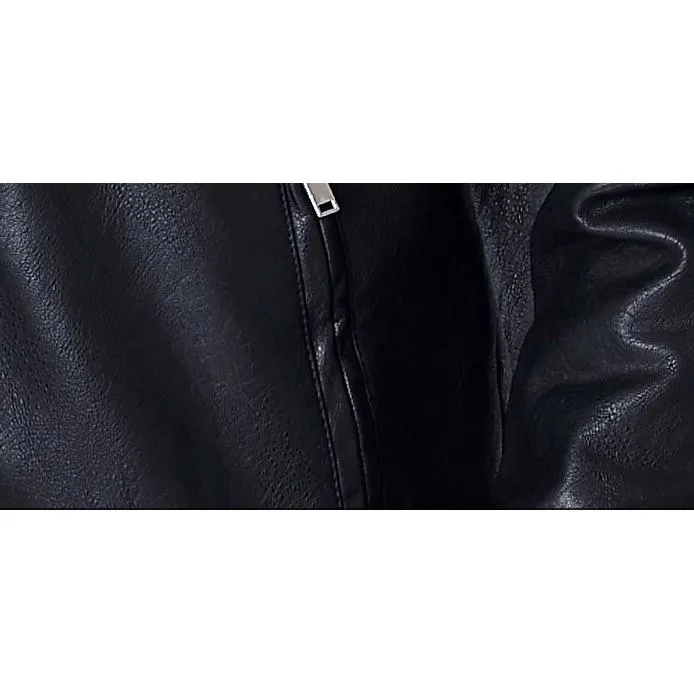 Thick Stand-Up Collar Fleece-Lined Leather Jacket