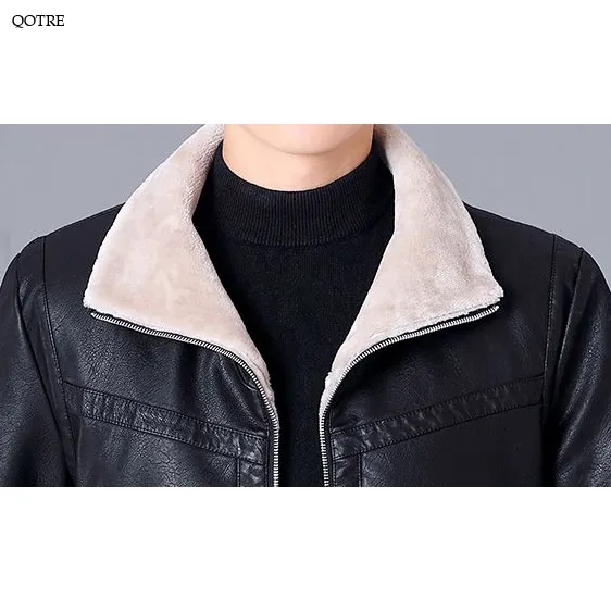 Thick Stand-Up Collar Fleece-Lined Leather Jacket