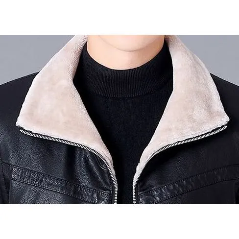 Thick Stand-Up Collar Fleece-Lined Leather Jacket