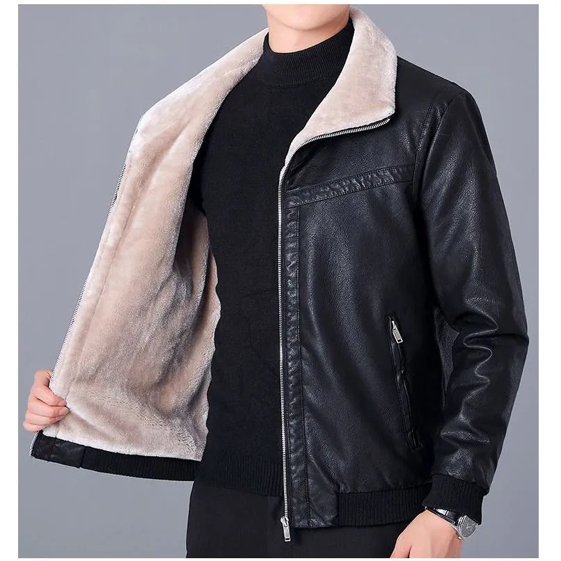 Thick Stand-Up Collar Fleece-Lined Leather Jacket