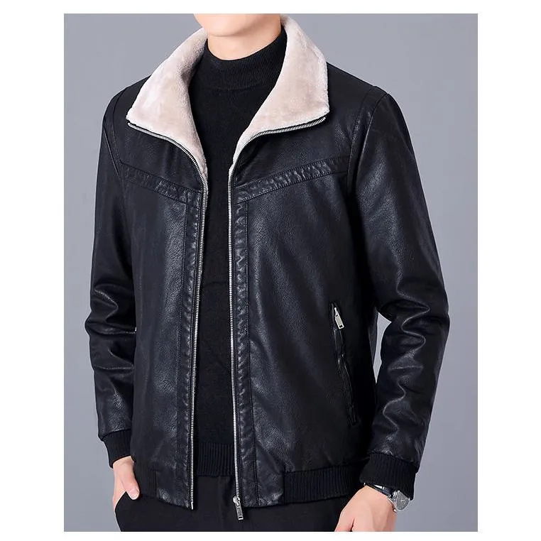 Thick Stand-Up Collar Fleece-Lined Leather Jacket