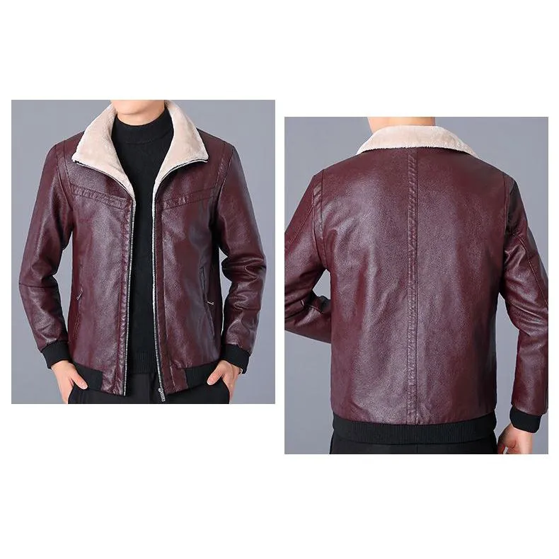 Thick Stand-Up Collar Fleece-Lined Leather Jacket