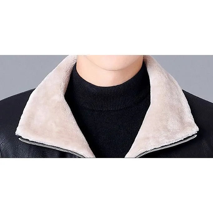 Thick Stand-Up Collar Fleece-Lined Leather Jacket