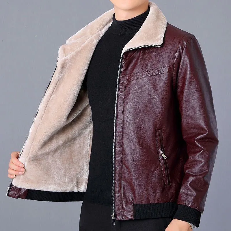 Thick Stand-Up Collar Fleece-Lined Leather Jacket