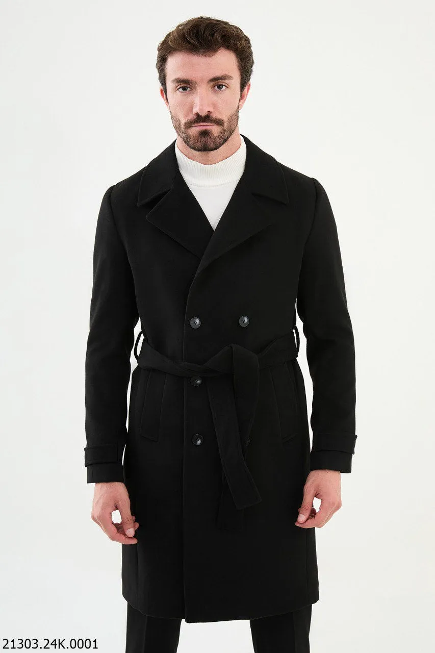 Timeless Men's Black Overcoat with Modern Belted Design.