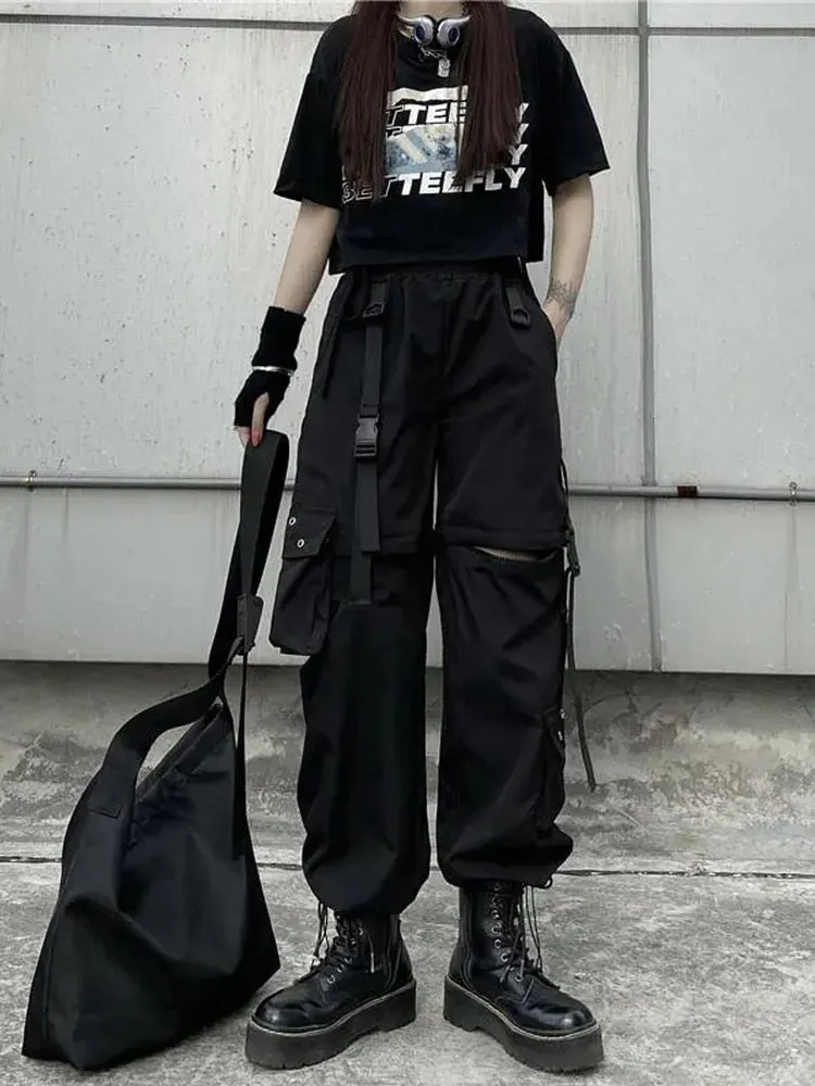 Toleet Techwear Gothic Detachable Cargo Pants Women Emo Harajuku Oversize Pockets Hollow Out Joggers Trousers Female Hippie Punk