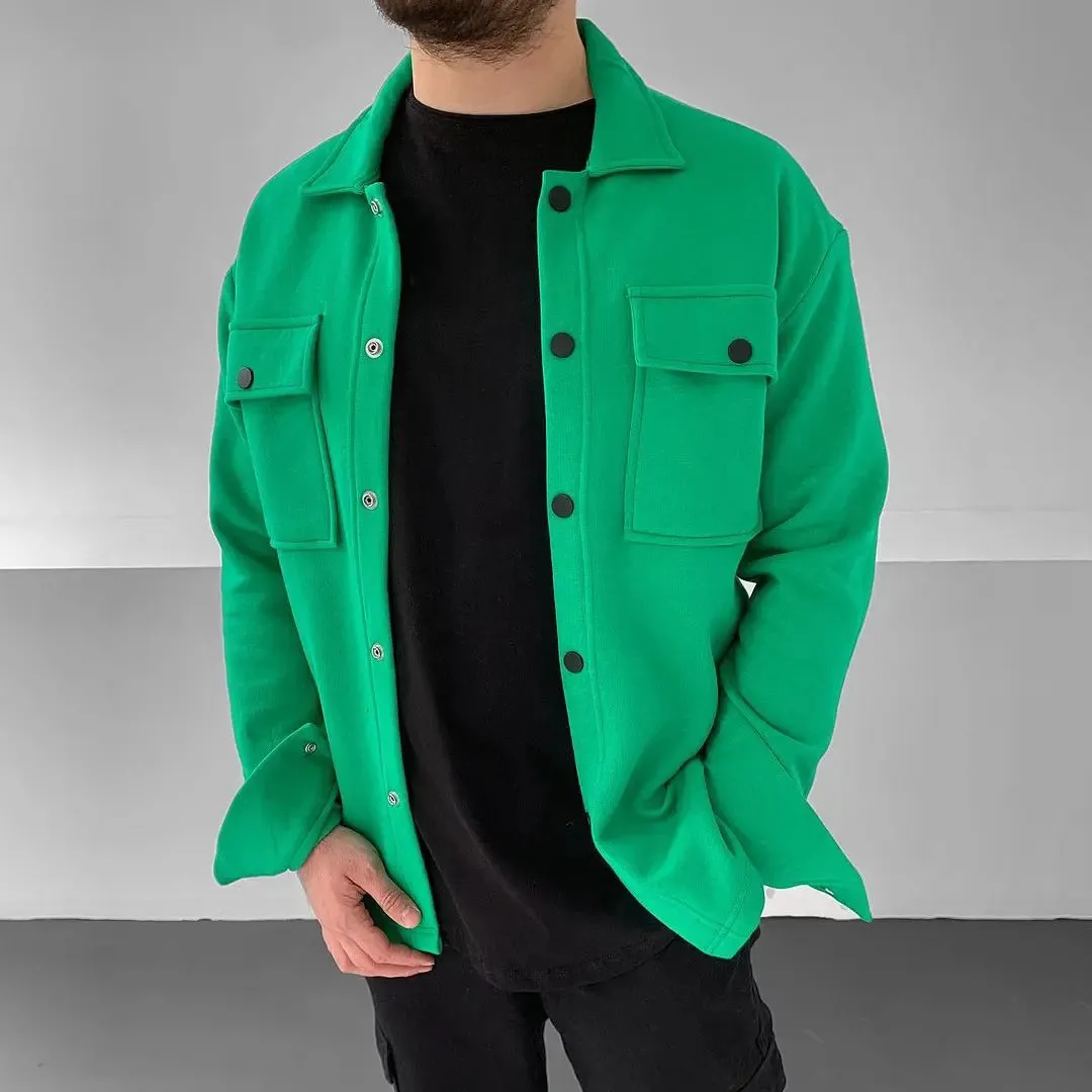 Trendy Coll Looking Green Snap Button Turkey Shacket For Mens