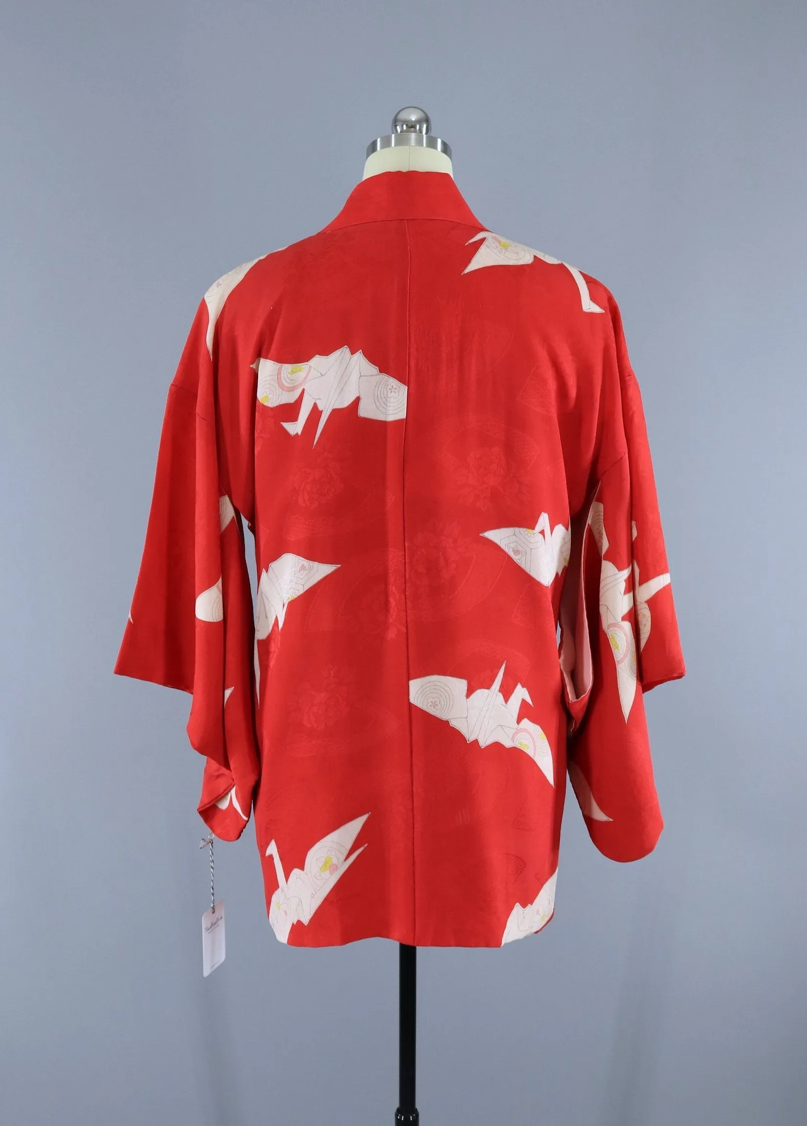 Vintage 1930s Silk Haori Kimono Jacket Cardigan / Watermelon Red Origami Cranes