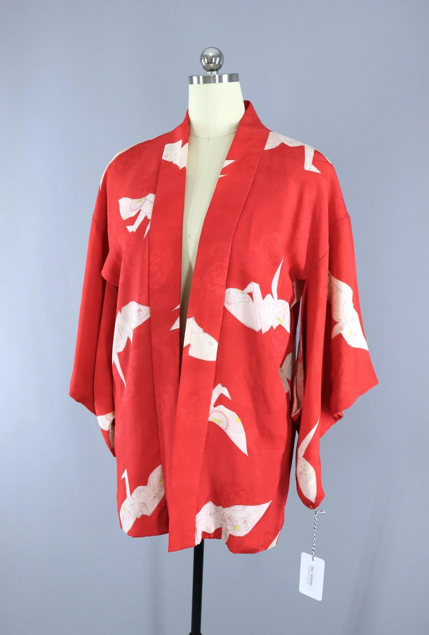 Vintage 1930s Silk Haori Kimono Jacket Cardigan / Watermelon Red Origami Cranes