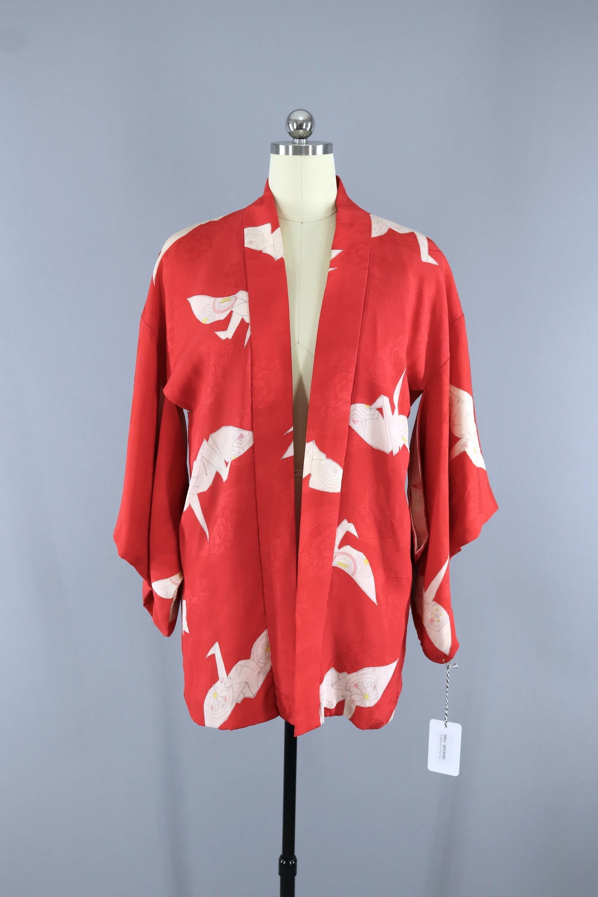 Vintage 1930s Silk Haori Kimono Jacket Cardigan / Watermelon Red Origami Cranes