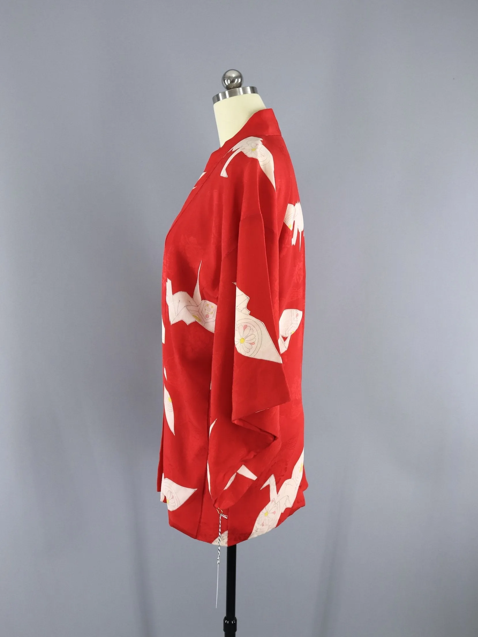 Vintage 1930s Silk Haori Kimono Jacket Cardigan / Watermelon Red Origami Cranes